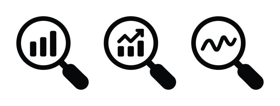 Magnifying Glass with Financial Chart Icons: Three magnifying glasses revealing diverse financial charts symbolizing analysis, growth, and market trends.