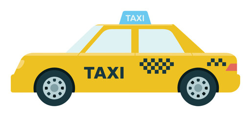 Naklejka premium Yellow Taxi Cab: A classic yellow taxi cab with a lit TAXI sign on top and checkered accents on the side, ready to transport passengers through the city.