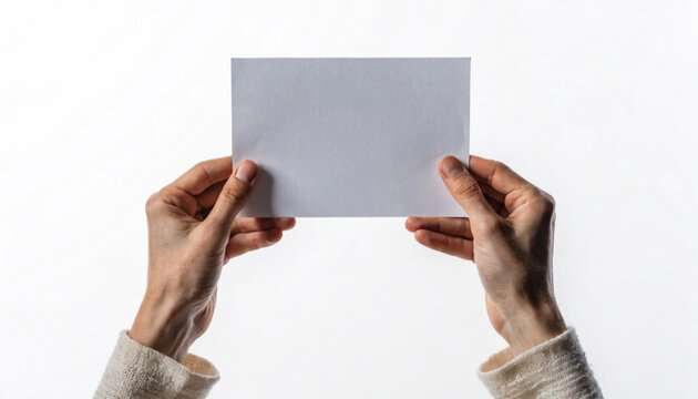 Hands holding a blank white paper card for mockup design on a white background