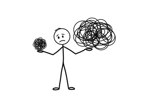 Stick figure comparing small and big tangled mess problems doodle isolated on transparent background. For comparison, problem scale, stress evaluation, complexity, and decision making.