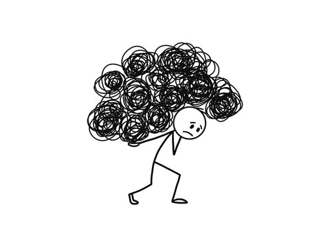 Stick figure carrying heavy tangled mess burden doodle isolated on transparent background. For heavy stress, burnout, emotional burden, psychological pressure, and mental chaos.
