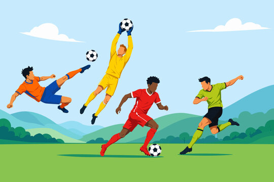 Soccer Football Players Action Illustration with Goalkeeper and Ball on Outdoor Field Vector