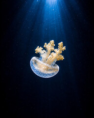 Single Glowing Spotted Jellyfish Floating Underwater © Jeremia