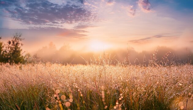 dreamy sunrise meadow background with sparkling dew and soft pastel grasses for summer solstice banner and wallpaper design