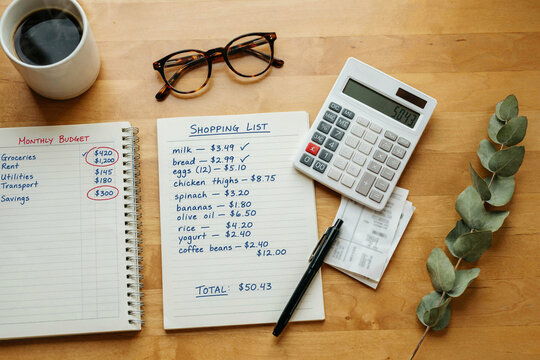 Monthly budget planning and grocery shopping list on wooden desk. Financial management with calculator, notebook and coffee. Personal finance concept.