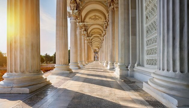 view along a row of ornate white marble columns sunlight