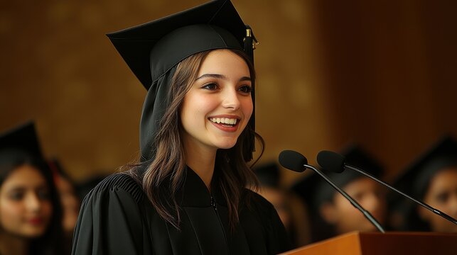 A graduate student in a black robe standing behind the podium speaks to the audience