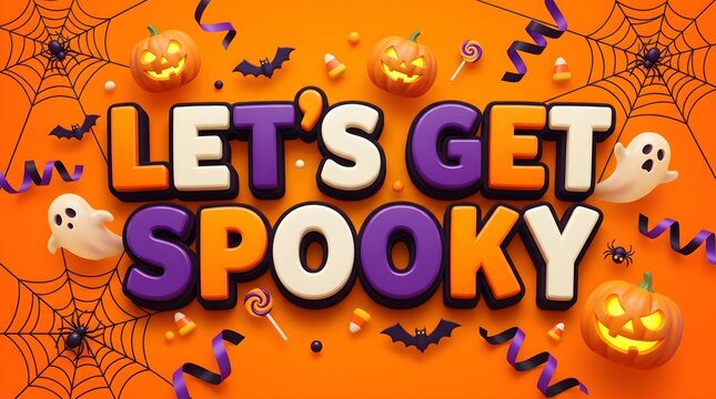 Lets get spooky with this halloween typography featuring pumpkins friendly ghosts and playful bats on a festive orange and purple background