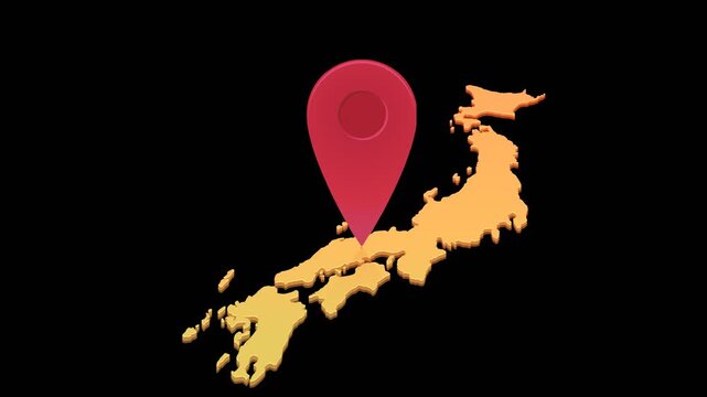 Animated location pin mark on Japan map representing travel destination, navigation, geotargeting, and tourism. Chroma key green screen with alpha channel. (loopable)