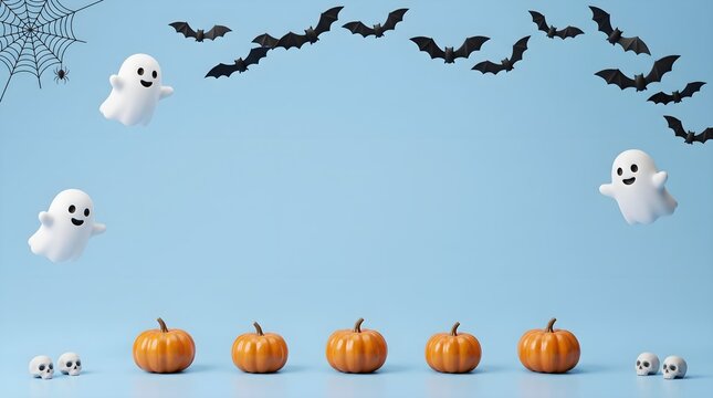 Festive halloween scene with adorable ghosts miniature pumpkins and a spooky bat garland against a light blue backdrop