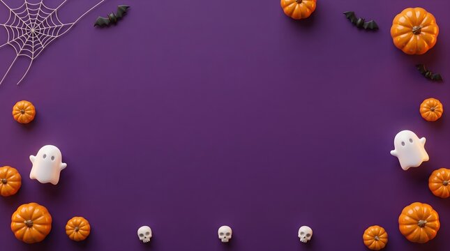 A festive halloween border features miniature pumpkins cute ghosts and a spooky spiderweb set on a rich deep purple backdrop