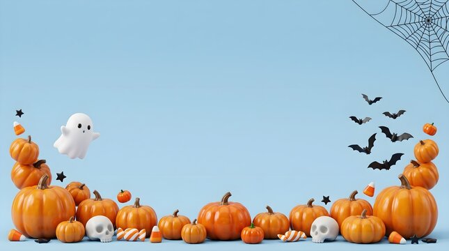 Festive halloween scene with pumpkins ghosts and bats against a bright blue sky perfect for seasonal greetings and celebrations