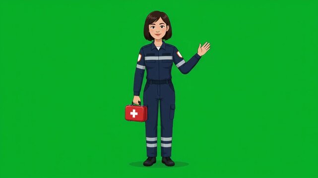 Female paramedic in uniform holding a first aid kit and waving on a green screen background, ready for emergencies and medical assistance.