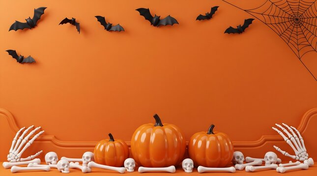 A delightful halloween scene featuring pumpkins spooky bats and colorful candy set against a bright vibrant orange wall for seasonal festivities