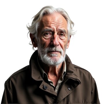 Portrait of an older man with a long white beard and a brown jacket
