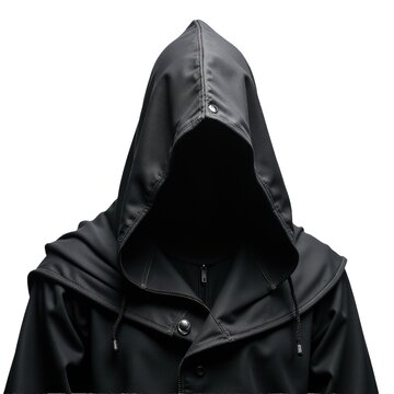 A person dressed in a black hooded jacket, suitable for various scenarios including winter activities or stealthy operations