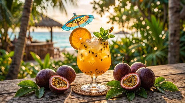 Refreshing passion fruit cocktail with tropical garnish on a beach bar table
