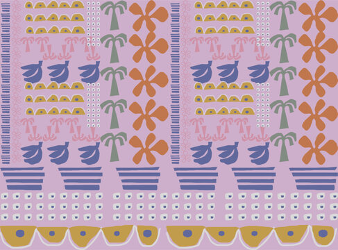 Hand Drawing New Summer Moif With Women's Fashion Graphics. Trendy Fashion Print Design. Tropical Vintage Retro Pattern. Girl's clothing fabric background.