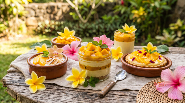 Tropical mango desserts with fresh flowers on a rustic wooden table outdoors