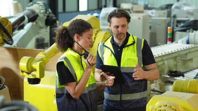 Industrial engineer inspecting a robotic arm machine in an automated manufacturing factory, robotics, automation, smart manufacturing, machine maintenance, quality control and Industry 4.0 technology.