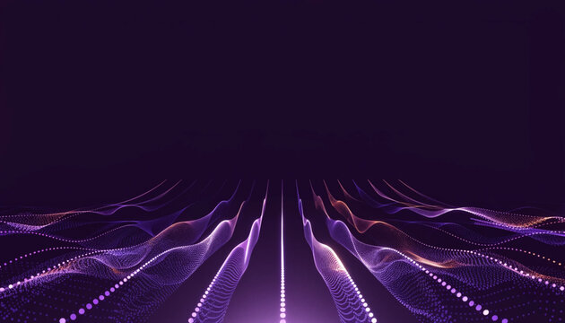 Abstract purple digital wave background with glowing particle lines and data flow concept.