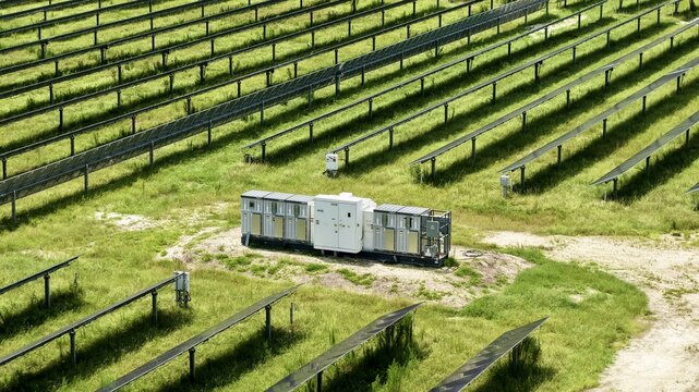 Aerial view of Magnolia Solar Farm featuring rows of photovoltaic panels and a central electrical inverter station set in a grassy field in Green Cove Springs, Florida, United States.