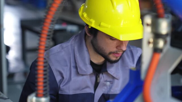 Industrial engineer inspecting a robotic arm machine in an automated manufacturing factory, robotics, automation, smart manufacturing, machine maintenance, quality control and Industry 4.0 technology.
