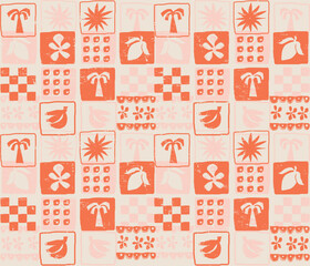 Fototapeta premium High Summer Print Design. Shirt patter design, palm tree, orange, banana, flowers sun together vintage print. boys girls tropical art. minimal motif aesthetic prints.