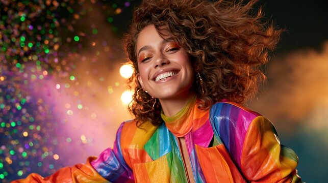 Smiling woman in a rainbow jacket with curly hair and glitter makeup against colorful confetti and stage lights.