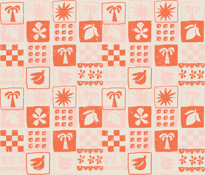 High Summer Print Design. Shirt patter design, palm tree, orange, banana, flowers sun together vintage print. boys girls tropical art. minimal motif aesthetic prints.