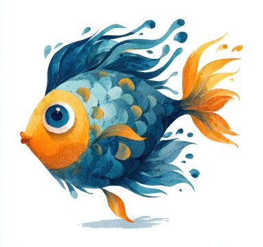 Cute watercolor blue fish cartoon illustration

