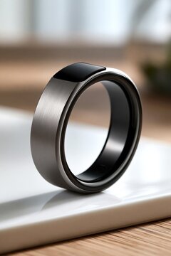 Smart ring on a white ceramic tile with a matte titanium finish and black sensor surface, shown as a wearable health tracking device on a clean tabletop.