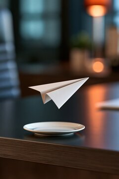 Paper airplane above a white plate on a dark desk with blurred office lights in the background.