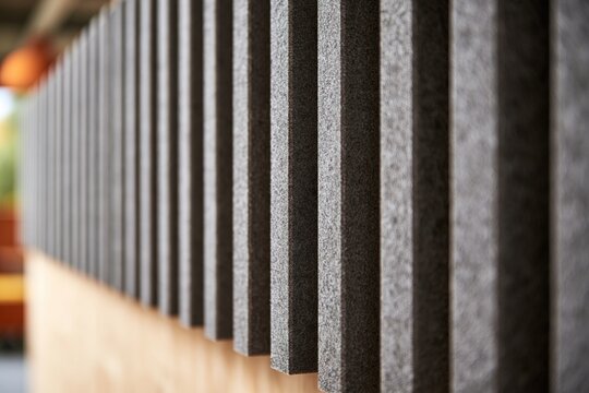 Acoustic panel with geometric felt ridges mounted on an interior wall for sound absorption in a modern office setting.