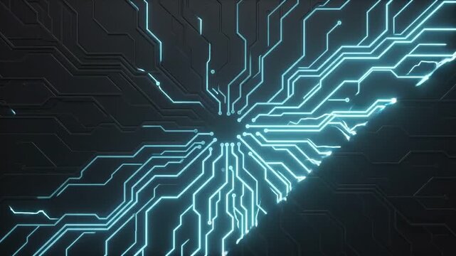 Neon blue circuit grid pulse wave sweeping across a dark plane in a digital landscape