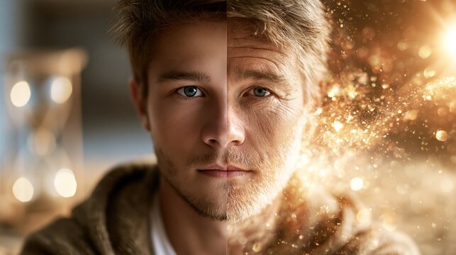 Split face portrait of a young man and an older man with an hourglass in the background, showing aging, time, and life stages.