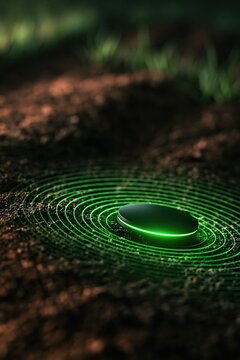 Agritech sensor module above dark soil with glowing green rings, suggesting precision farming, weed detection, and autonomous crop monitoring.
