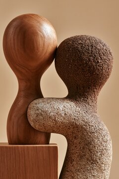 Abstract figures made from wood and stone interlock in a minimalist studio scene with warm neutral lighting and textured surfaces.
