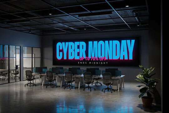 Cyber Monday sale neon sign in modern office, digital billboard with 70 percent off discount, dark industrial workspace interior