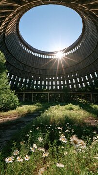 Abandoned cooling tower interior with sunlit opening, weathered concrete walls, overgrown weeds, and wildflowers in a decayed industrial structure.