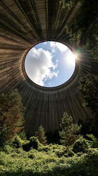 Abandoned cooling tower interior overgrown with trees and shrubs, with sunlight and clouds visible through the open top.