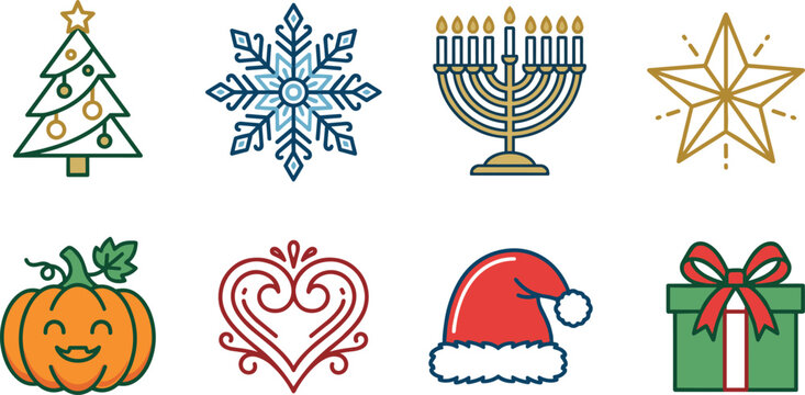 Holiday celebration vector element set featuring Christmas tree snowflake menorah star pumpkin heart santa hat gift box isolated transparent background