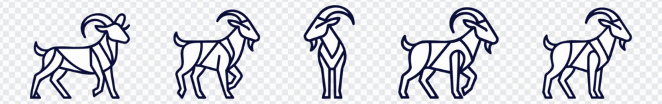 Set of five stylized goat and ram line art icons with curved horns and clean navy outlines, ideal for livestock graphics, farm branding, animal symbols, logos, stickers and decorative vector designs.