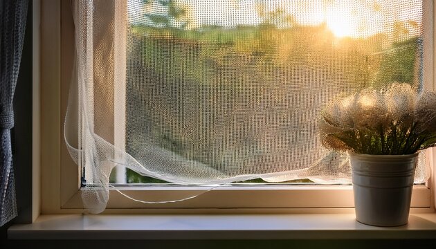 natural light gently filtered through mosquito net on secure pvc window