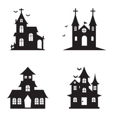 Fototapeta premium Spooky halloween haunted house silhouettes set collection vector illustration with bats and graveyard elements isolated on white background.