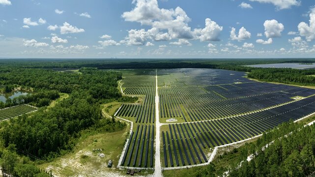 Aerial view of Magnolia Solar Farm with rows of solar panels surrounded by lush green forest under a blue sky in Green Cove Springs, Florida, United States.
