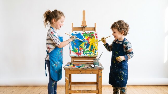 Two happy children wearing aprons enthusiastically painting on a canvas together