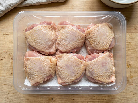 Raw chicken thighs in a plastic food container on a rustic wooden table