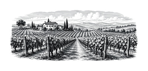 Fototapeta premium Vineyard landscape with Tuscan villa and rolling hills in vintage engraving style