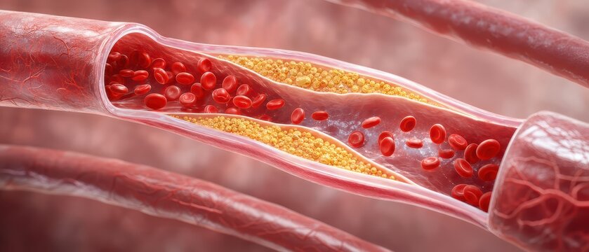 Detailed illustration of human artery showing blood flow cholesterol and cells in a cardiovascular context